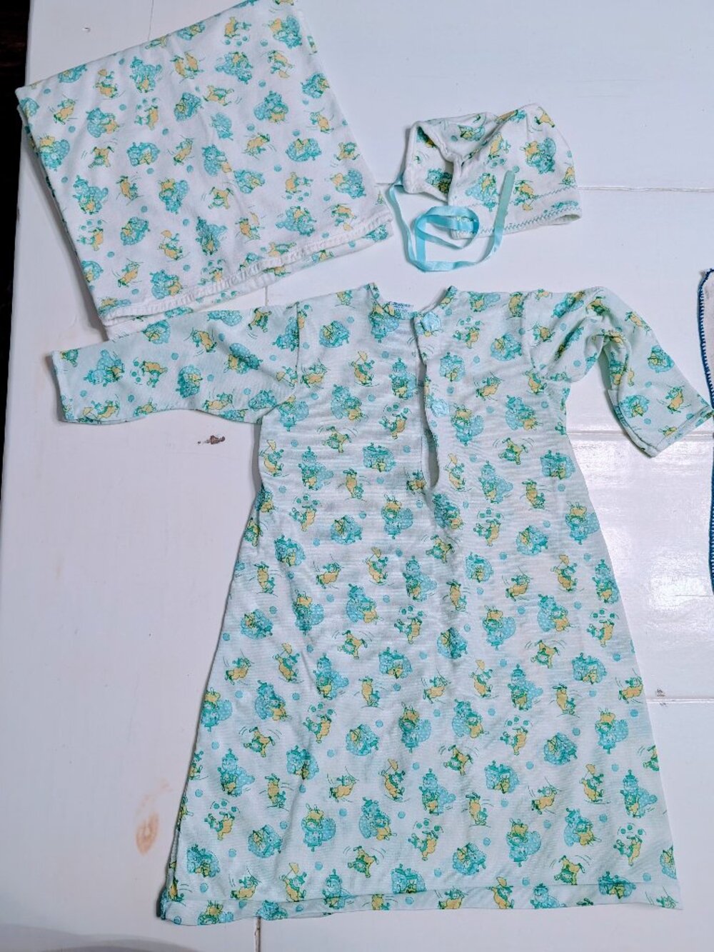 VTG 3pc Carter’s Layette Circus Baby Set Gown Bonnet Blanket USA Blue Yellow 70s